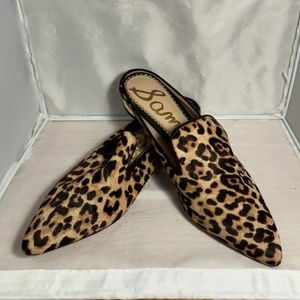new Sam Edelman calf hair leopard print mules loafers with gold heel